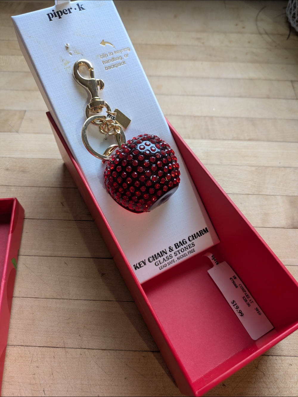 Piper K Red Glass Stones Apple Bag Charm with Gold Tone Hardware